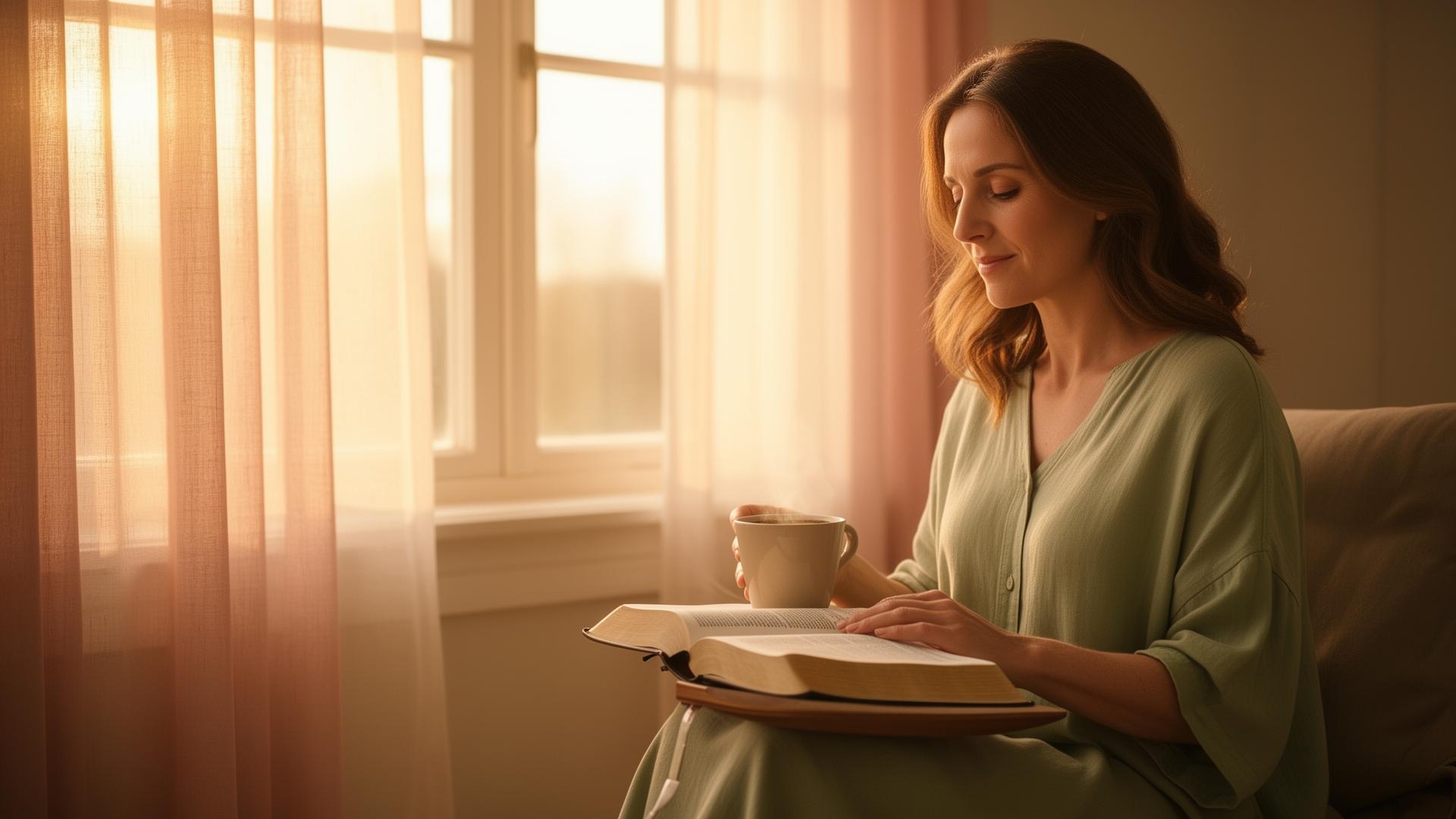 A woman reading her Bible by a sunlit window in the morning
